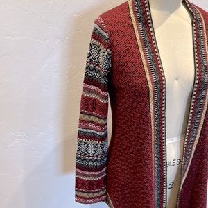 Icelandic Design Wool Acrylic Cardigan Sweater Large Open Front Red & Charcoal